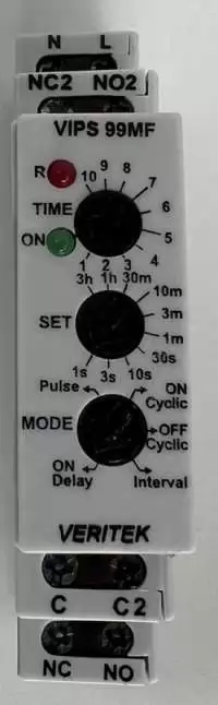 VERITEK MULTIFUNCTION TIMER, VIPS 99MF, 5A, 230VAC, 24 VAC/VDC, 110VAC, 50/60Hz, DIN RAIL MOUNTED